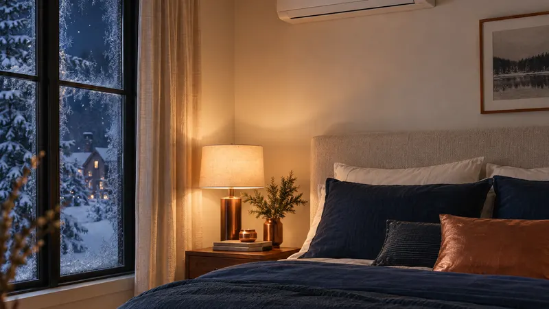 Chambre chaleureuse un soir d'hiver, thermopompe murale au-dessus du lit, fenêtre givrée