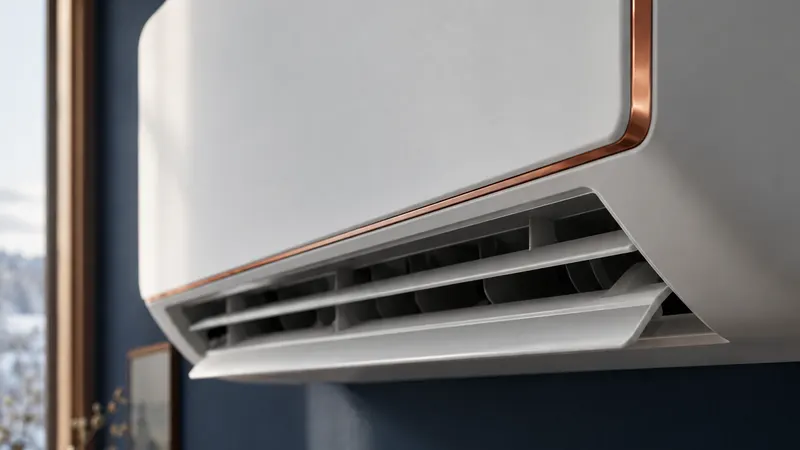 Détail d'une unité intérieure murale de thermopompe, volets d'air et liseré cuivré