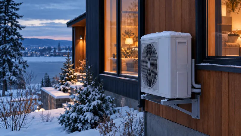 Maison québécoise enneigée à l'heure bleue, unité extérieure de thermopompe sur un support mural