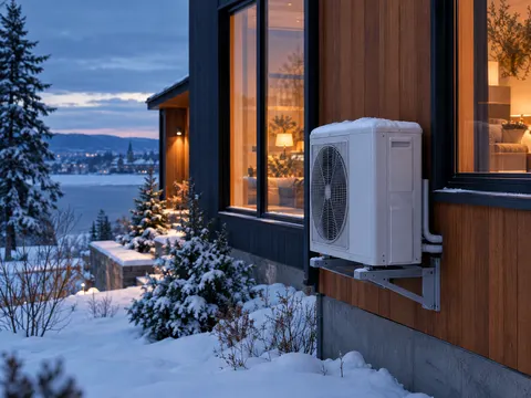 Maison québécoise enneigée à l'heure bleue, unité extérieure de thermopompe sur un support mural