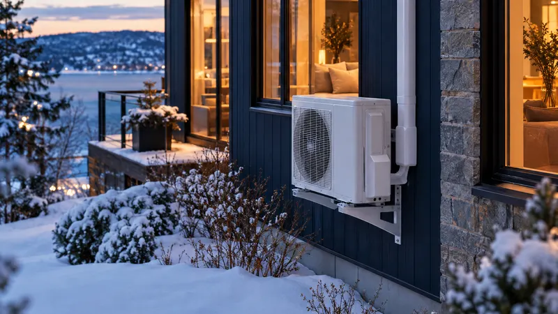 Façade en bois et pierre au crépuscule, unité extérieure de thermopompe fixée au mur, neige au sol