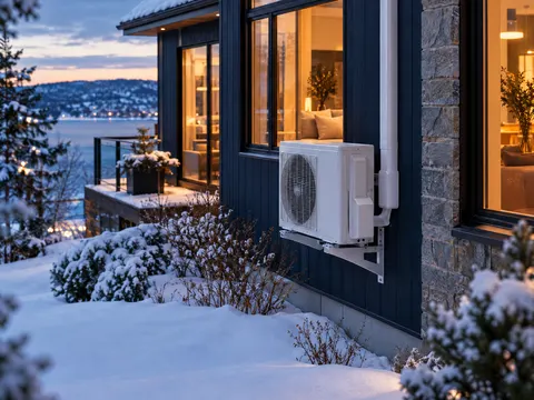 Façade en bois et pierre au crépuscule, unité extérieure de thermopompe fixée au mur, neige au sol