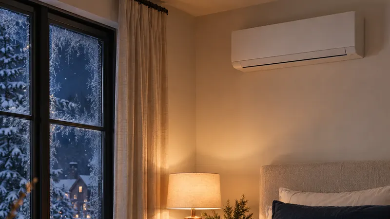Fenêtre givrée sur une nuit d'hiver, lampe allumée et thermopompe murale dans une chambre