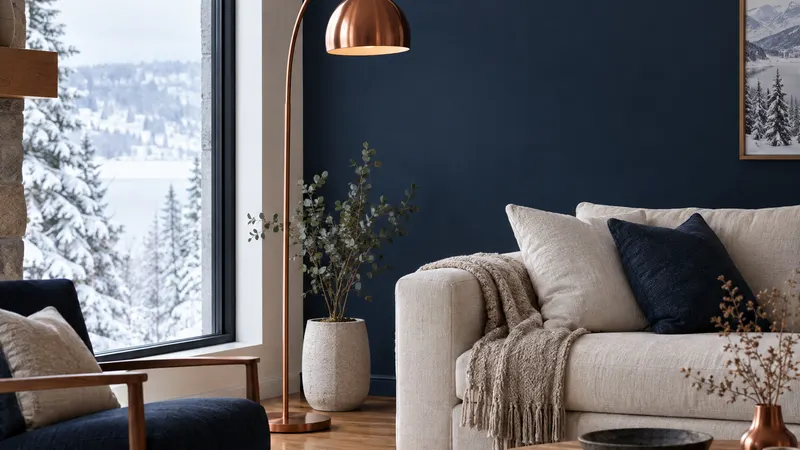 Salon contemporain en hiver, thermopompe murale blanche sur un mur bleu marine