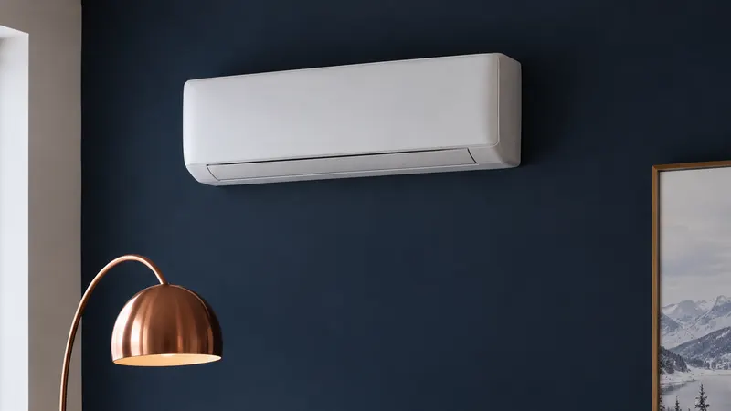 Thermopompe murale blanche au-dessus d'un salon, lampe cuivrée et mur bleu marine